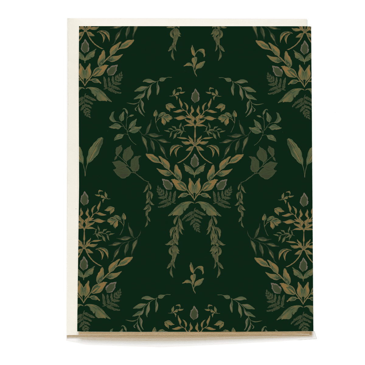 Laurel blank card featuring a dark green background with intricate gold and green botanical patterns.