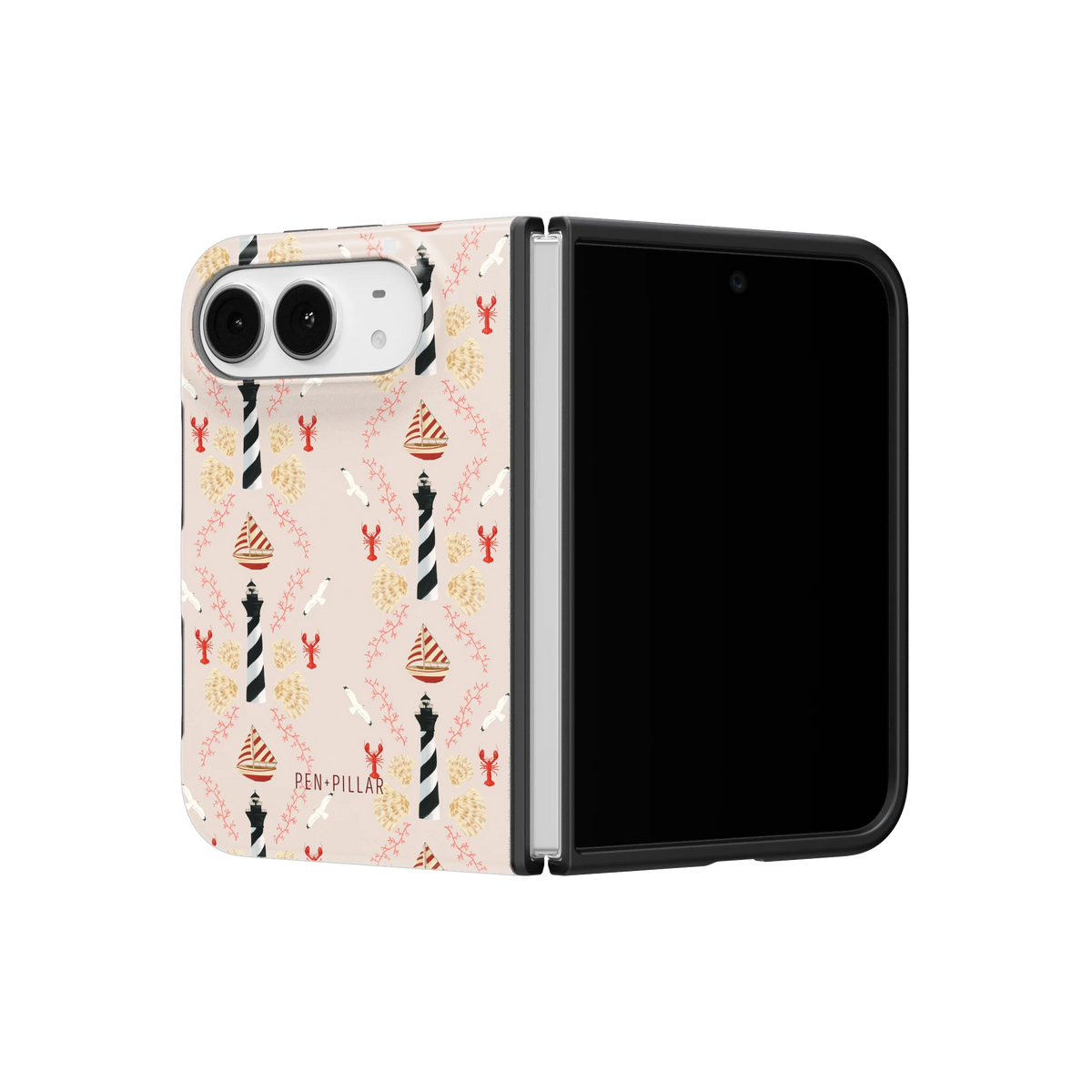 Lighthouse iPhone 18 Duo case on a half-open iPhone 18 Duo, angled view