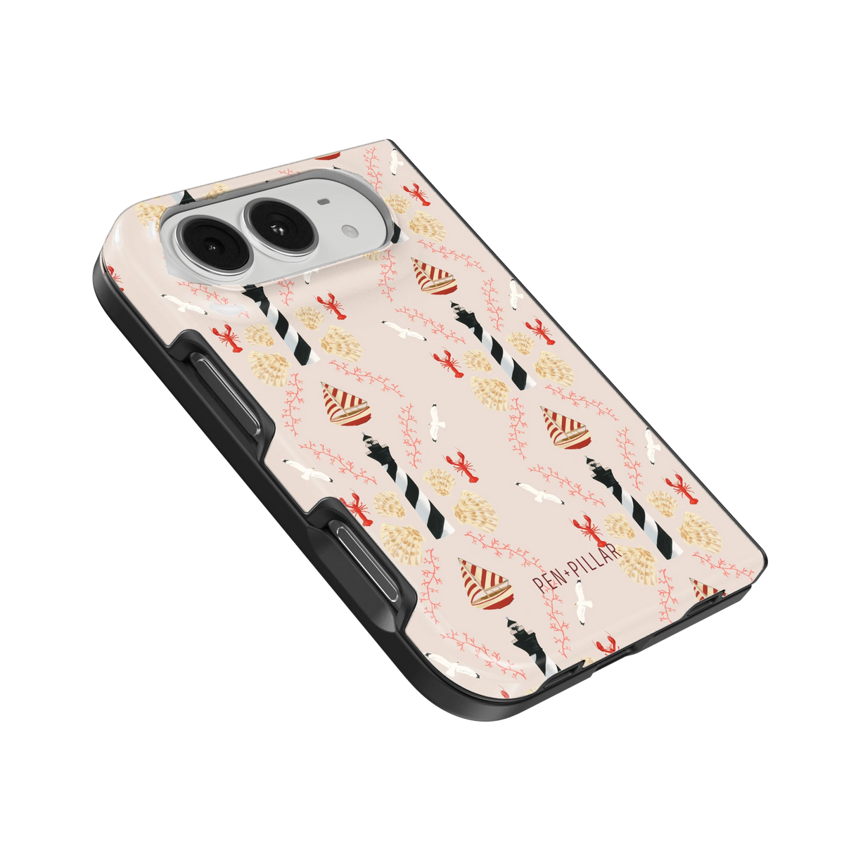 Lighthouse iPhone 18 Duo case, angled view showing the camera surround and side buttons