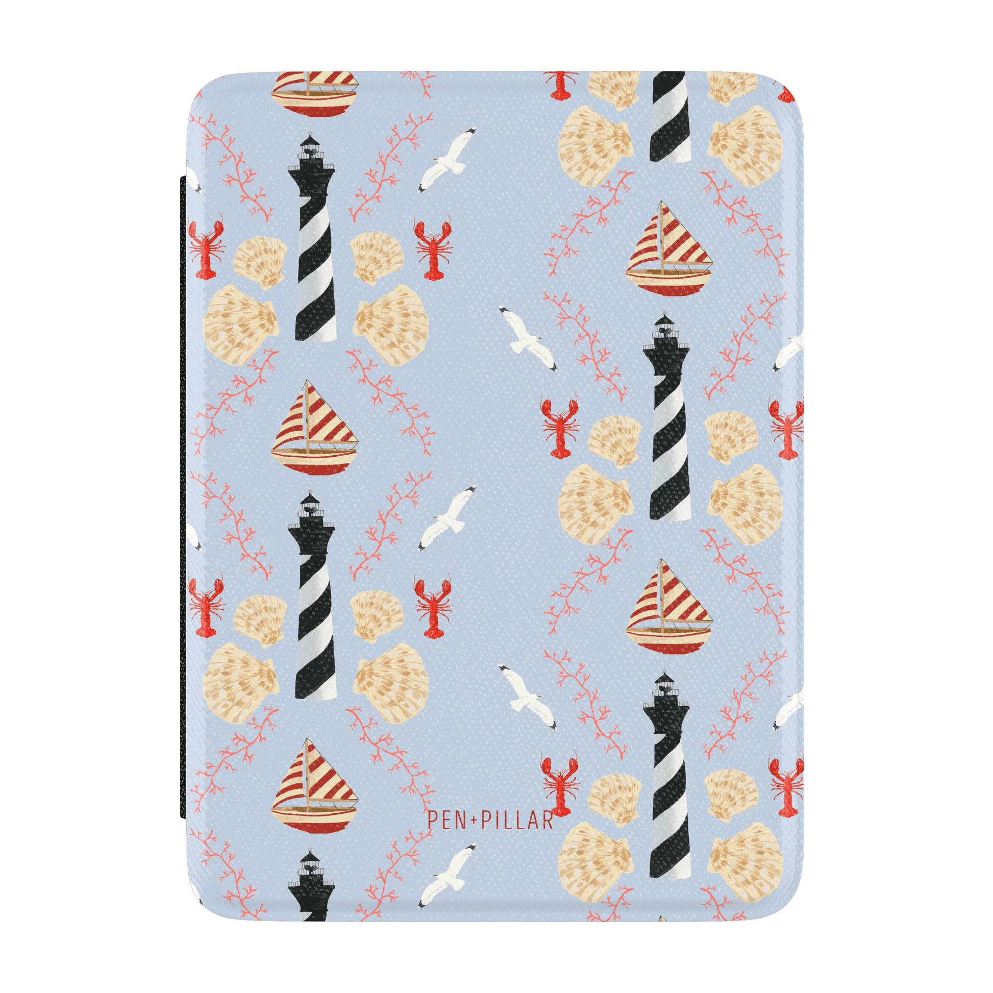 Light blue Kindle case with a pattern of lighthouses, sailboats, lobsters, and shells. Printed with PEN+PILLAR.