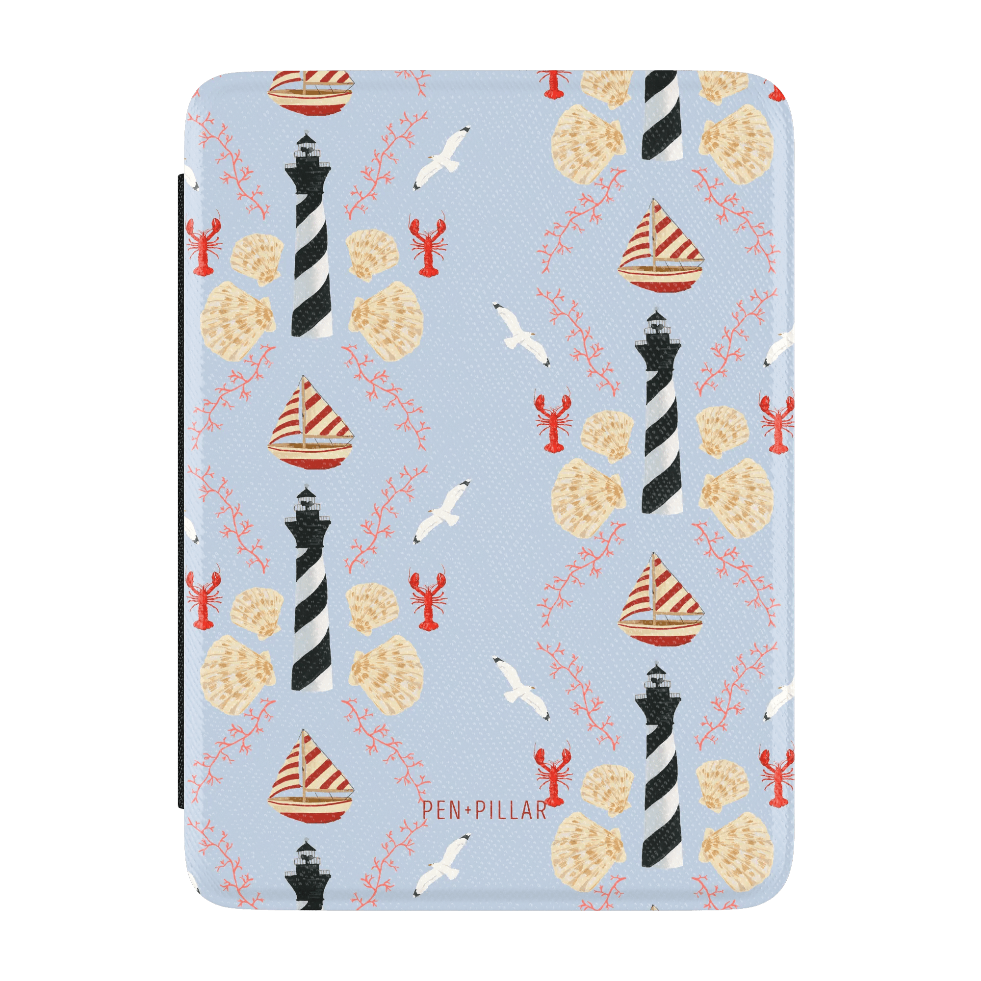 Light blue Kindle case with a pattern of lighthouses, sailboats, lobsters, and shells. Printed with PEN+PILLAR.