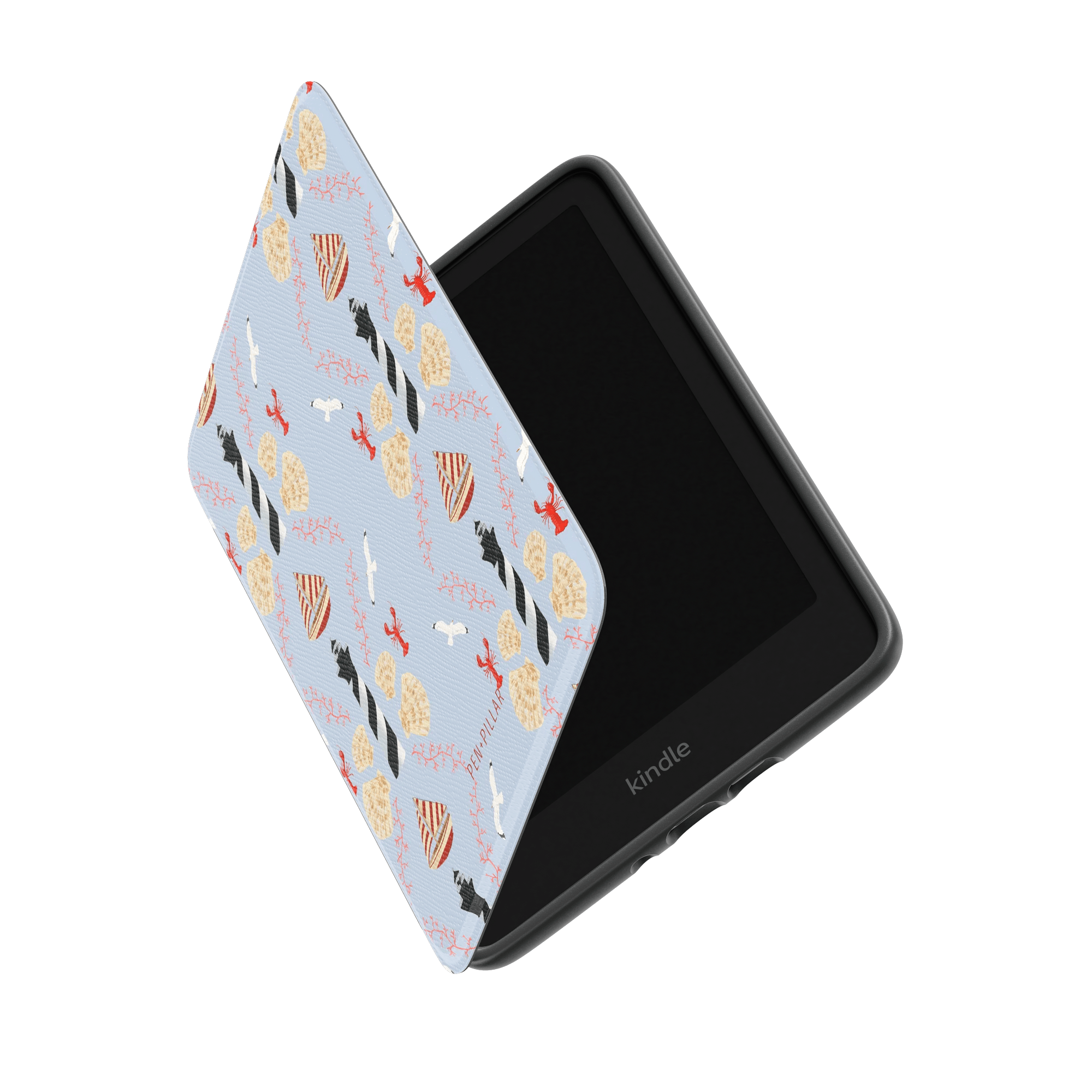 Light blue Kindle case with a lighthouse, lobster, and seashell pattern, partially open to show the black device.