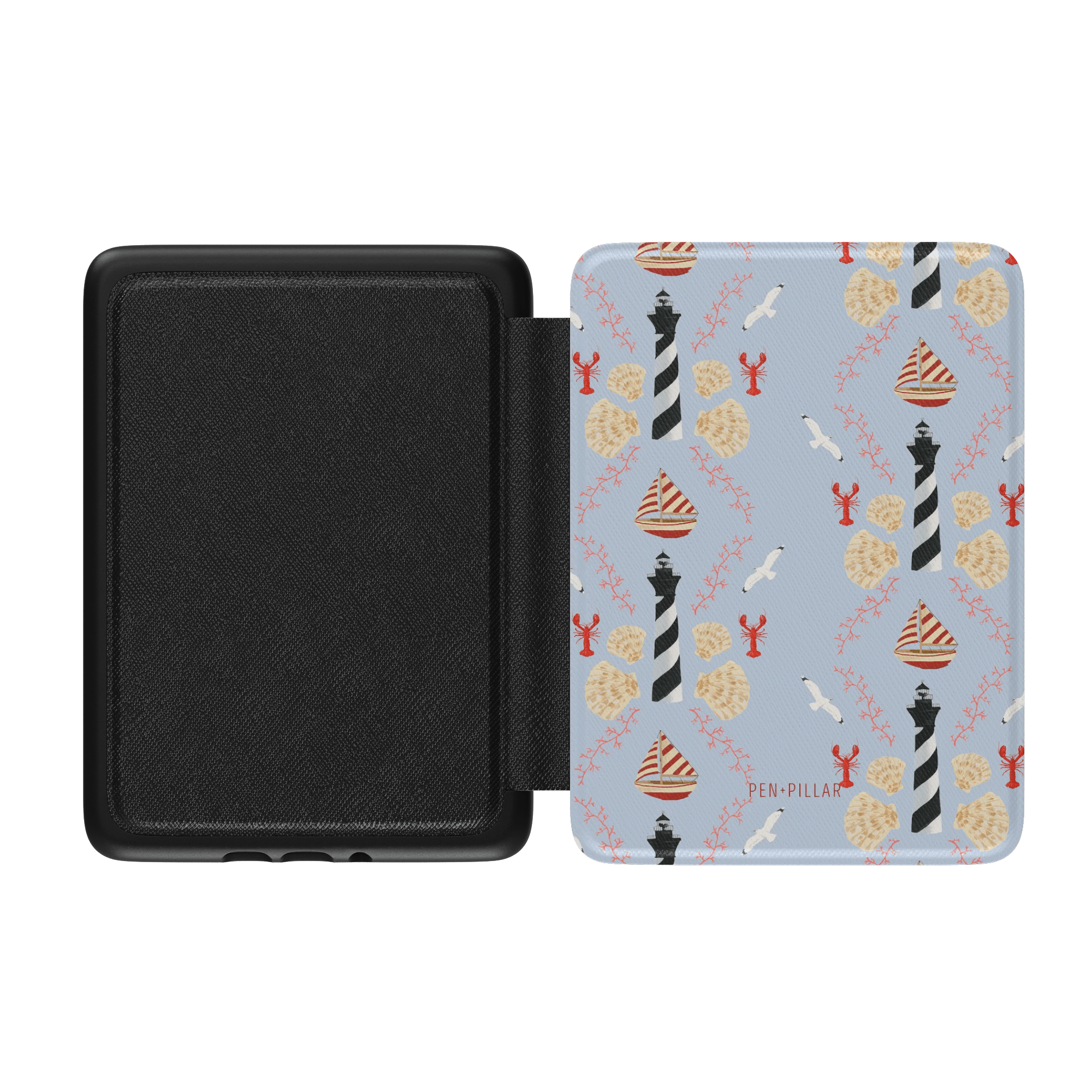 Open Kindle case with a black textured interior and a light blue exterior featuring lighthouses, boats, and PEN+PILLAR text.
