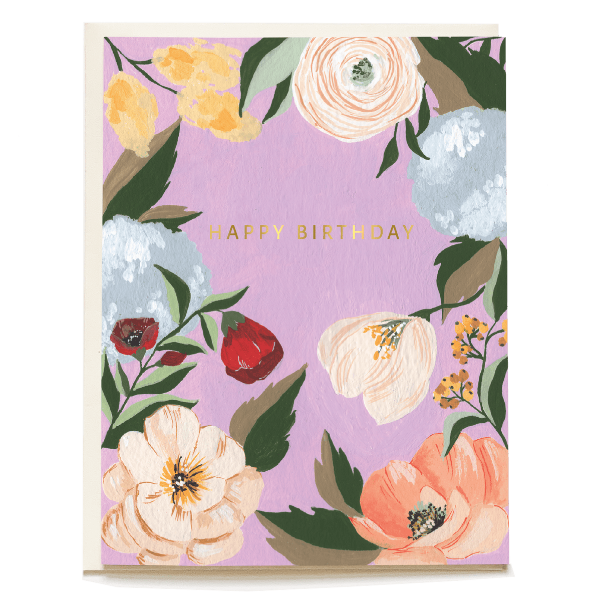 Lilac garden birthday card featuring floral illustrations and the text "Happy Birthday" in gold lettering.