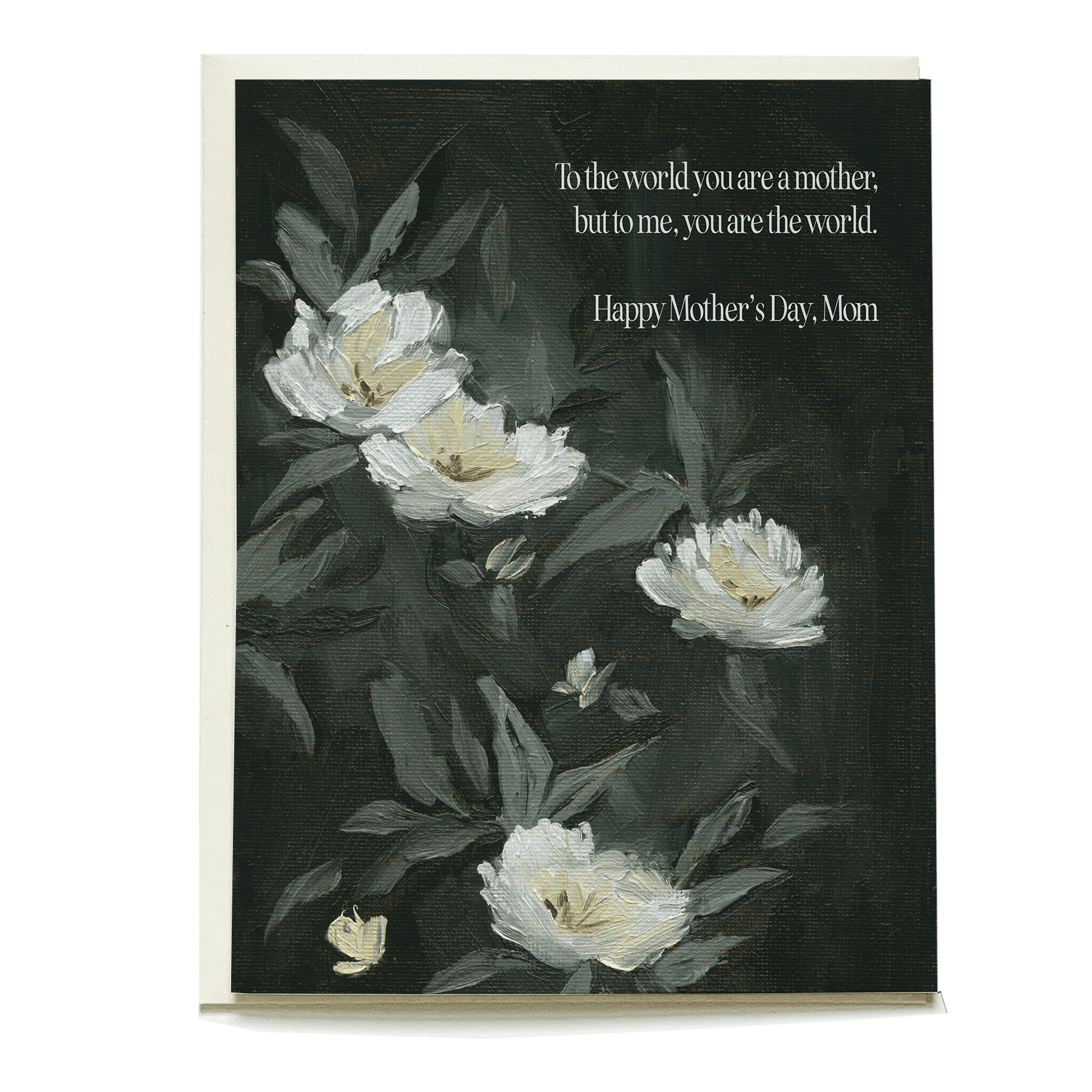 Lily Mother's Day card featuring white lilies on a dark background with a heartfelt message.