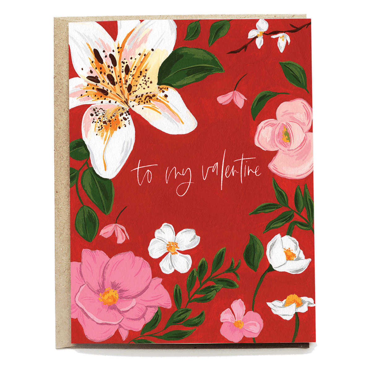 Lily Valentine's Day card featuring pink and white flowers on a red background with "to my valentine" text.