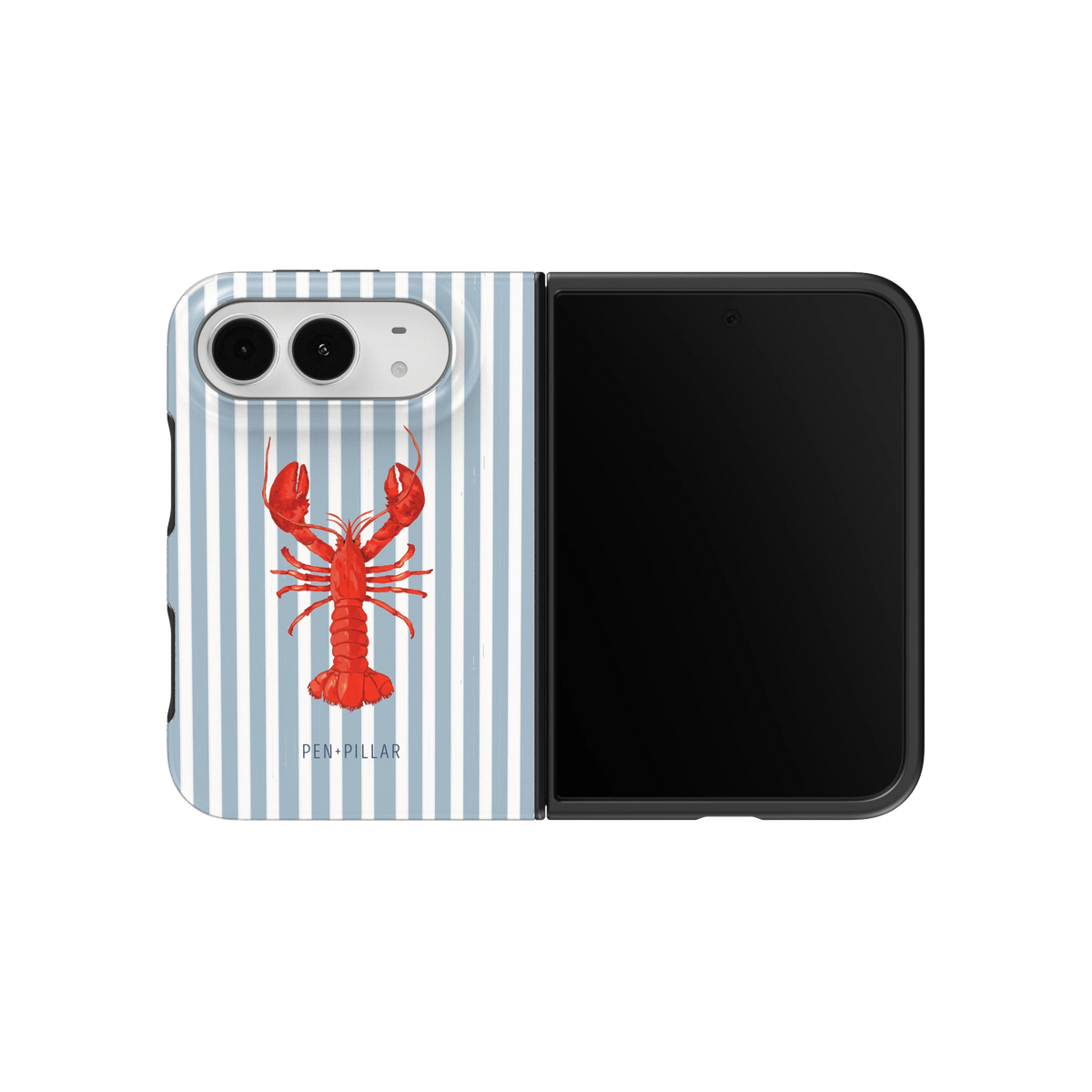Lobster iPhone 18 Duo case on an unfolded iPhone 18 Duo, back and screen side by side: a big red lobster on blue and white stripes