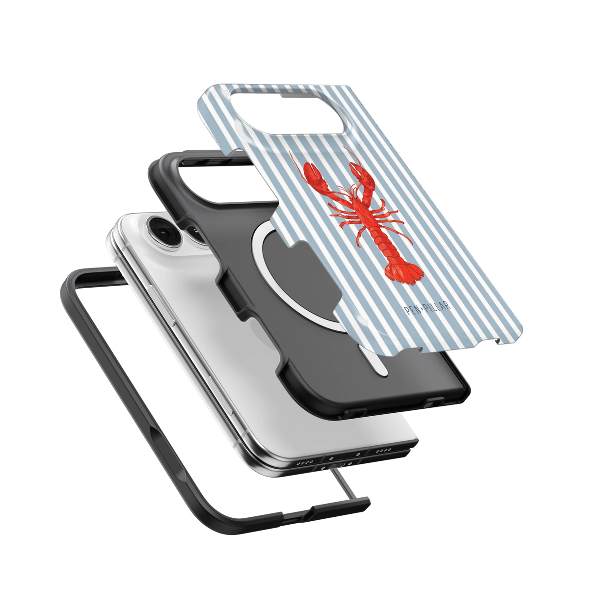 Lobster iPhone 18 Duo case, exploded view of the printed shell, black inner layer with MagSafe ring, and phone