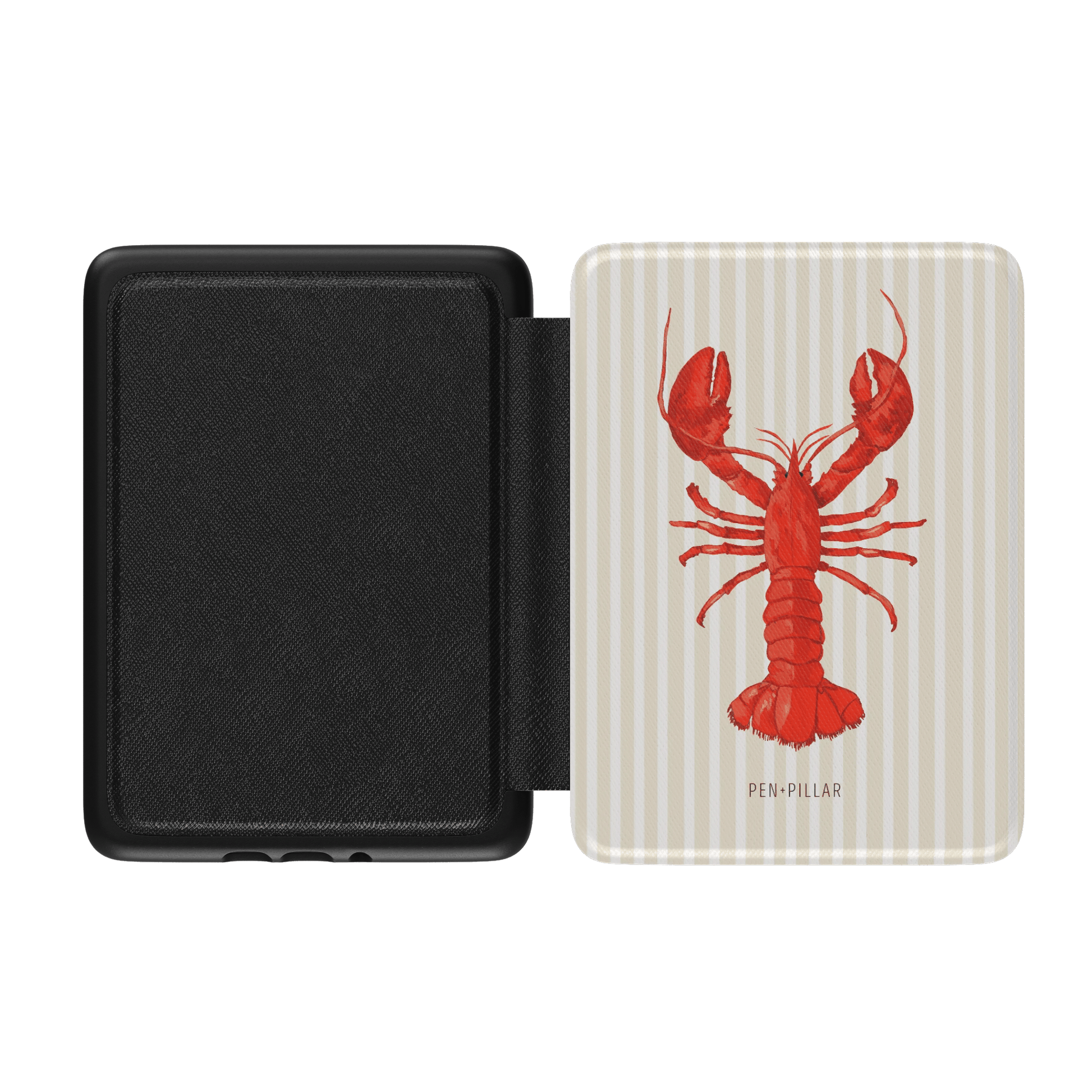 Open Kindle case with a red lobster illustration on a striped cover and a black textured interior, labeled PEN+PILLAR.