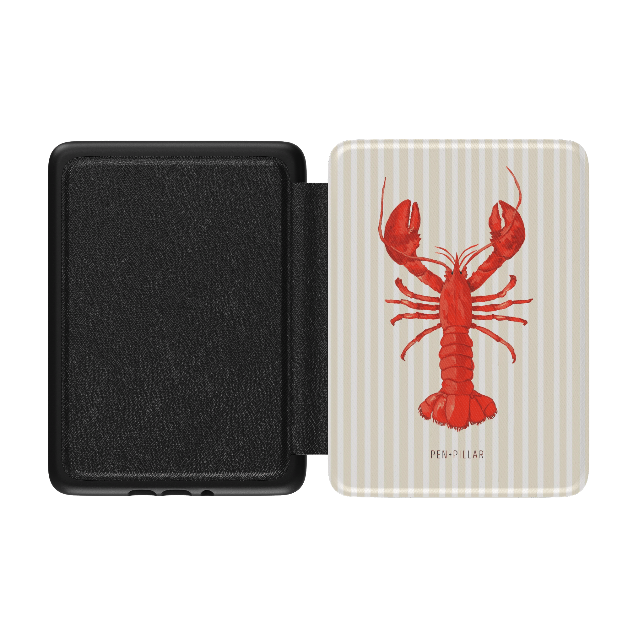 Open Kindle case with a red lobster illustration on a striped cover and a black textured interior, labeled PEN+PILLAR.
