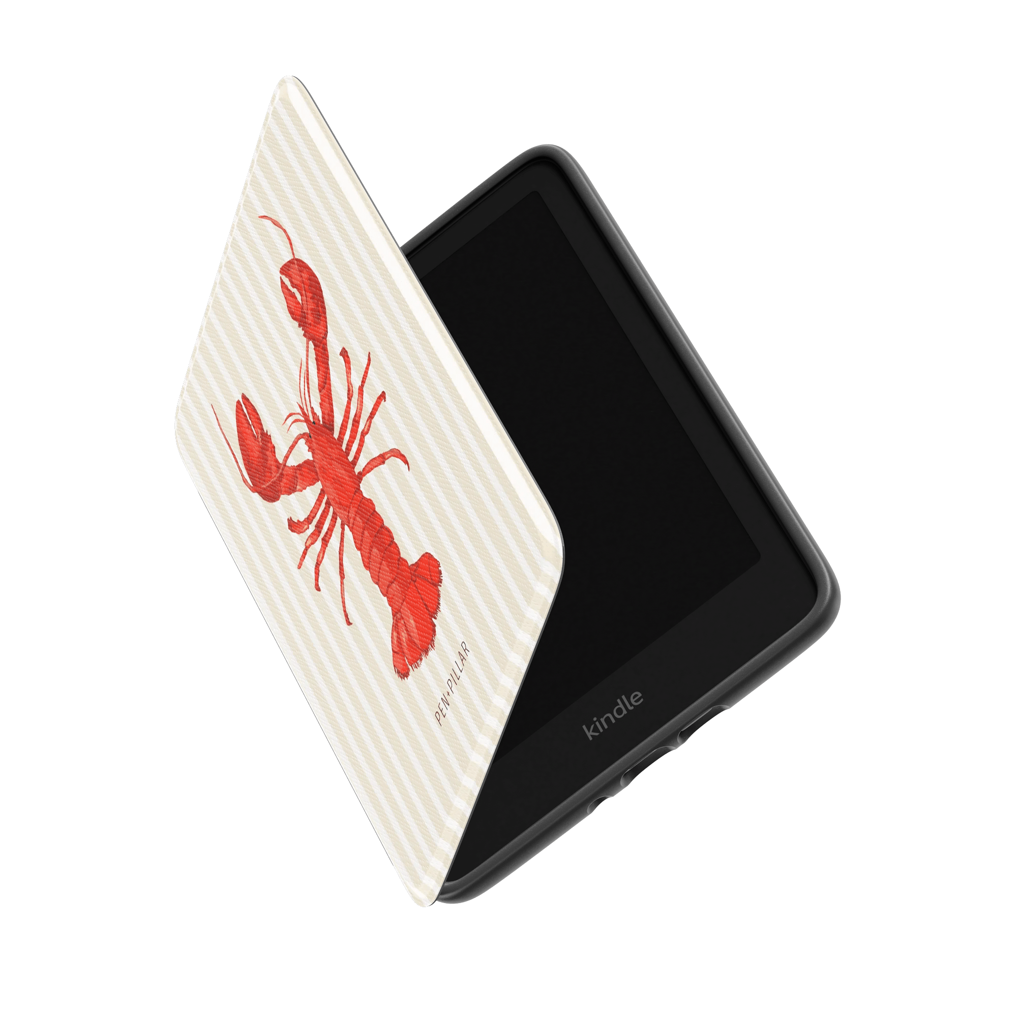 Red lobster on a striped cream Kindle case by PEN+PILLAR, shown partially open on a black device.