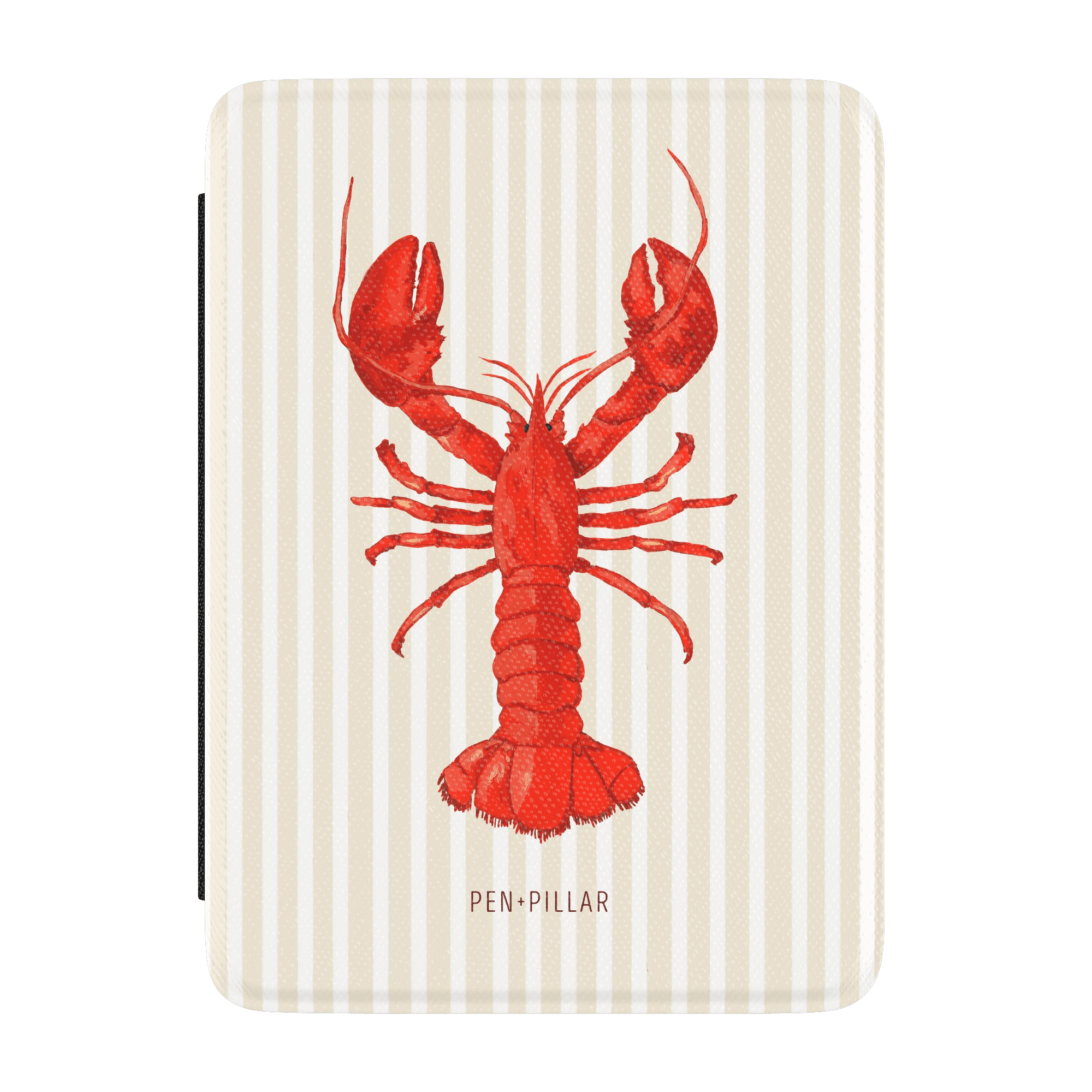 Red lobster illustration on a cream and white striped Kindle case with PEN+PILLAR printed at the bottom.
