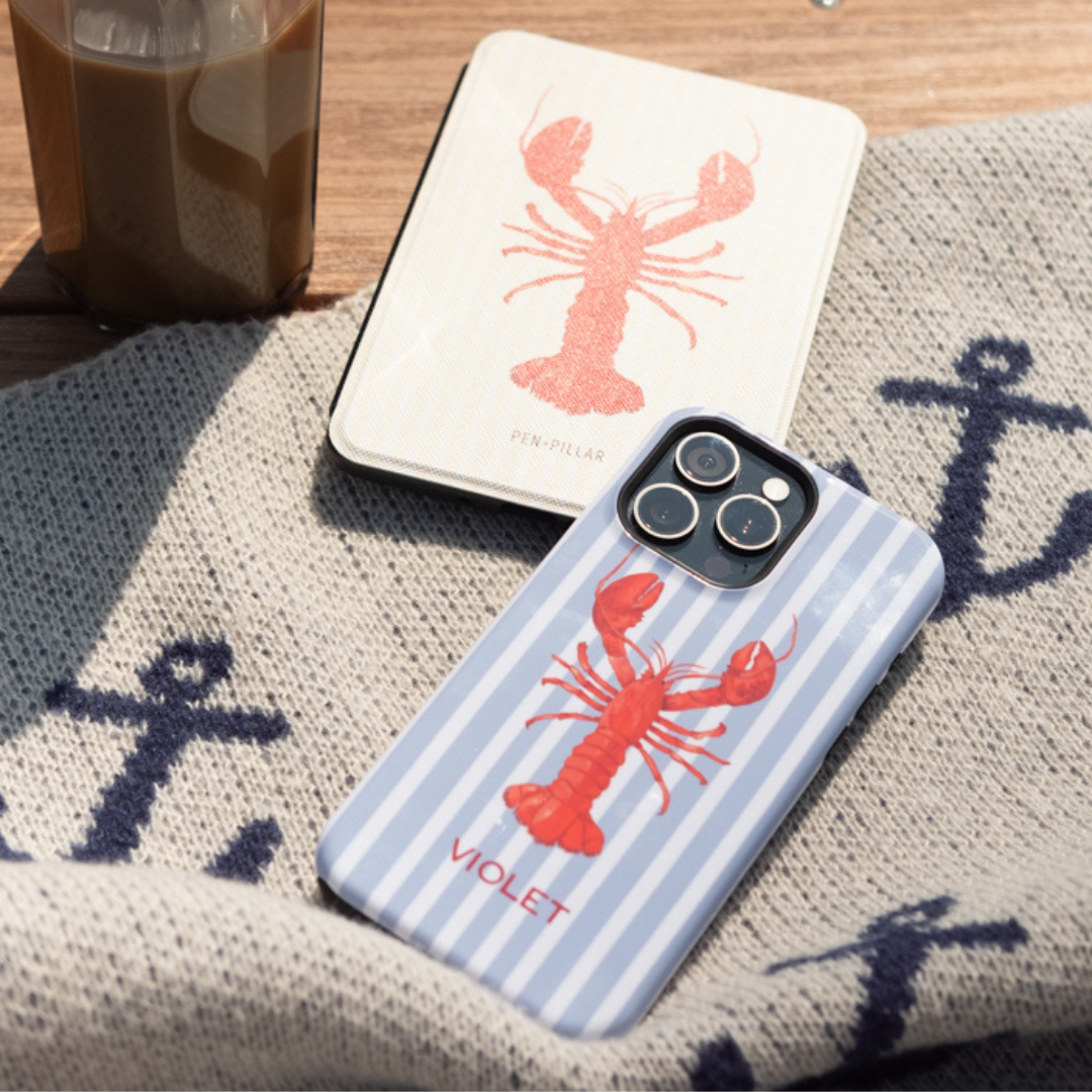 Lobster Personalized iPhone case and a Lobster Kindle case on a navy anchor-print throw