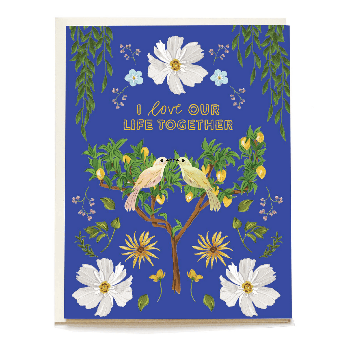Love Birds Anniversary Card featuring two birds on a tree, surrounded by flowers and greenery on a blue background.
