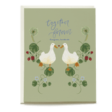 Lovebirds wedding card featuring two illustrated birds with floral accents and the text "together forever.