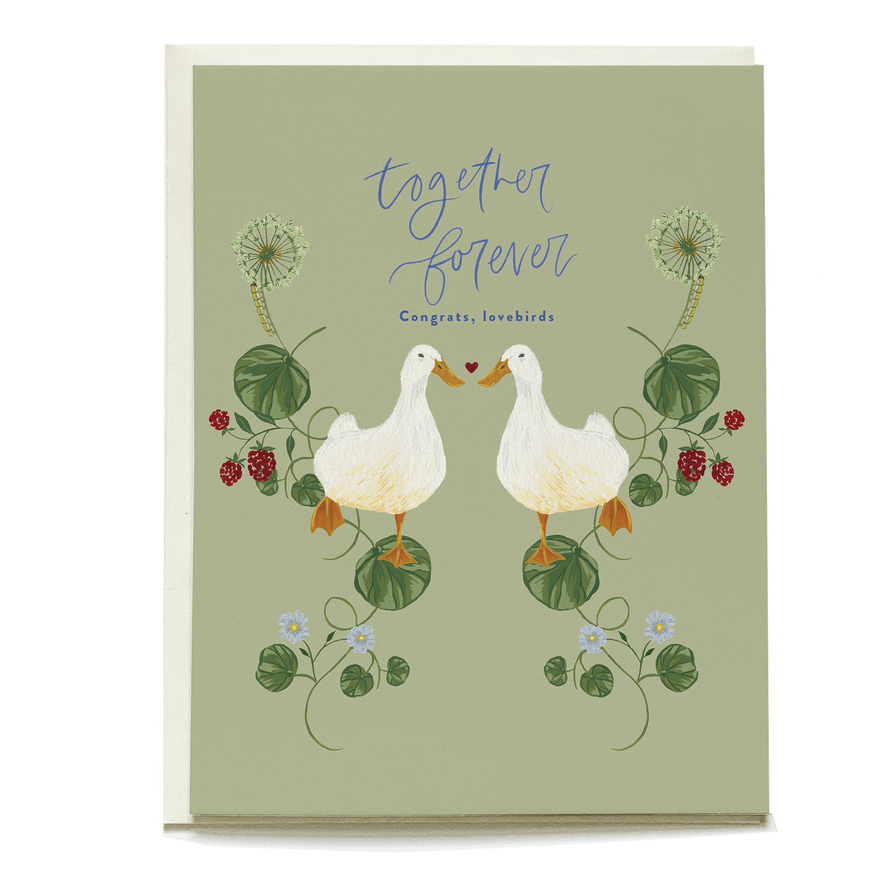 Lovebirds wedding card featuring two illustrated birds with floral accents and the text "together forever.