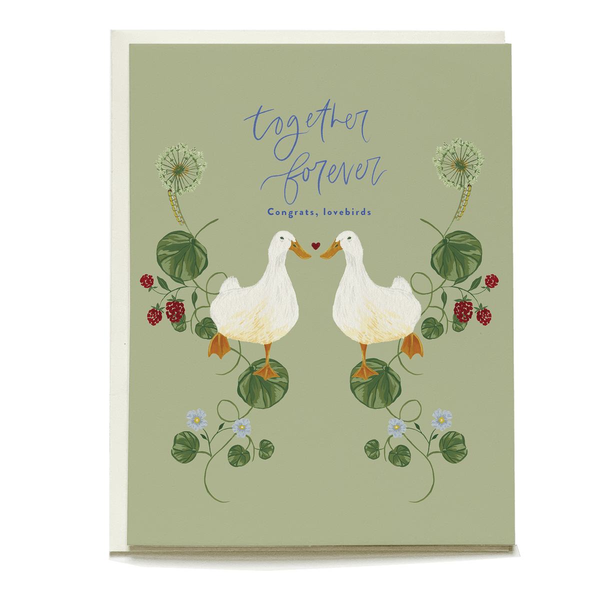 Lovebirds wedding card featuring two illustrated birds with floral accents and the text "together forever.