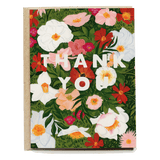 Lush garden thank you card featuring colorful floral designs with bold white text on a green background.