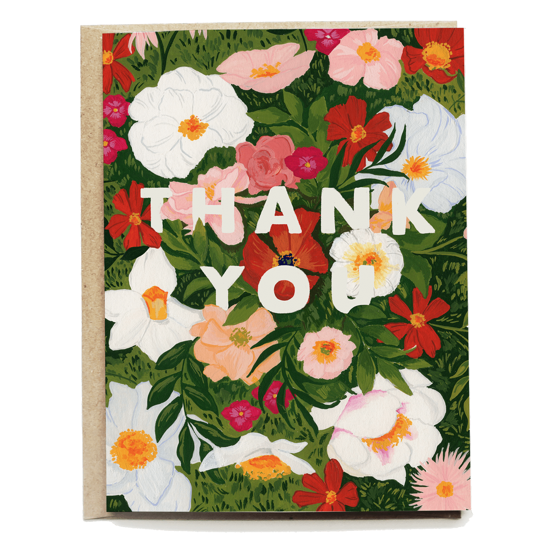 Lush garden thank you card featuring colorful floral designs with bold white text on a green background.
