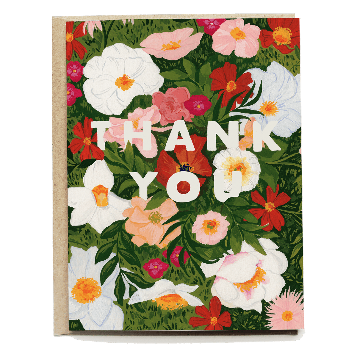 Lush garden thank you card featuring colorful floral designs with bold white text on a green background.