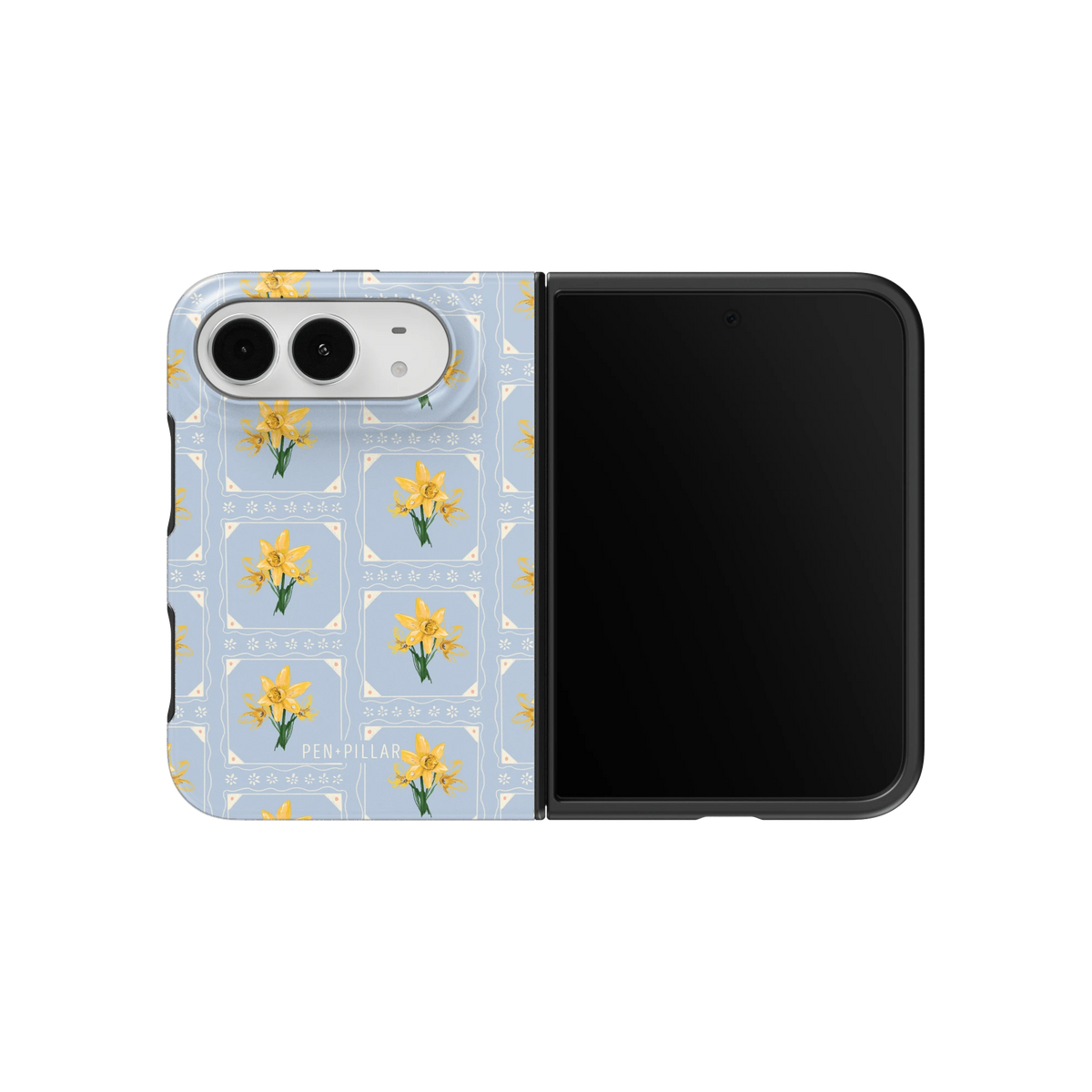 March Birth Month iPhone 18 Duo case on an unfolded iPhone 18 Duo, back and screen side by side: yellow daffodils in frames on pale blue