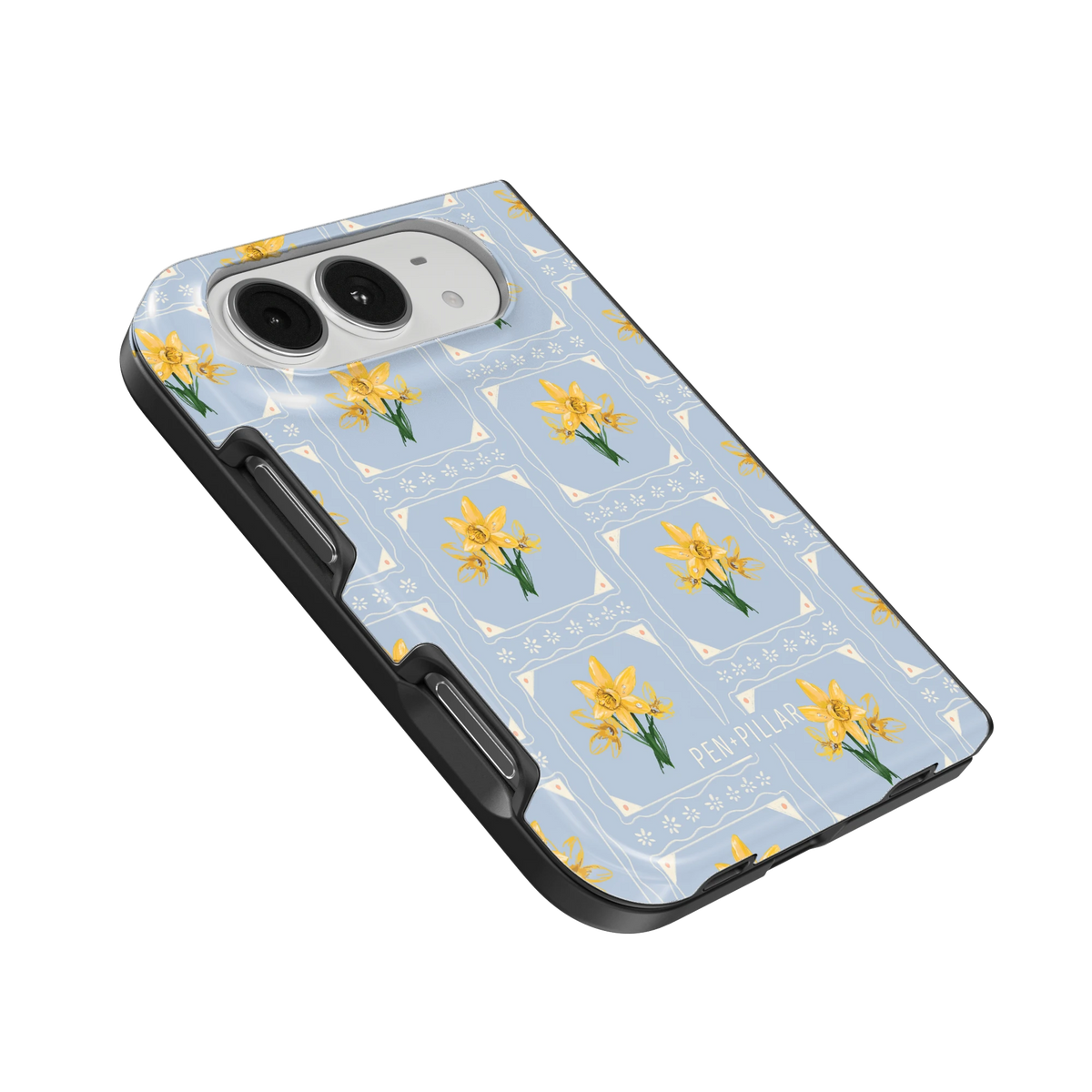 March Birth Month iPhone 18 Duo case, angled view showing the camera surround and side buttons