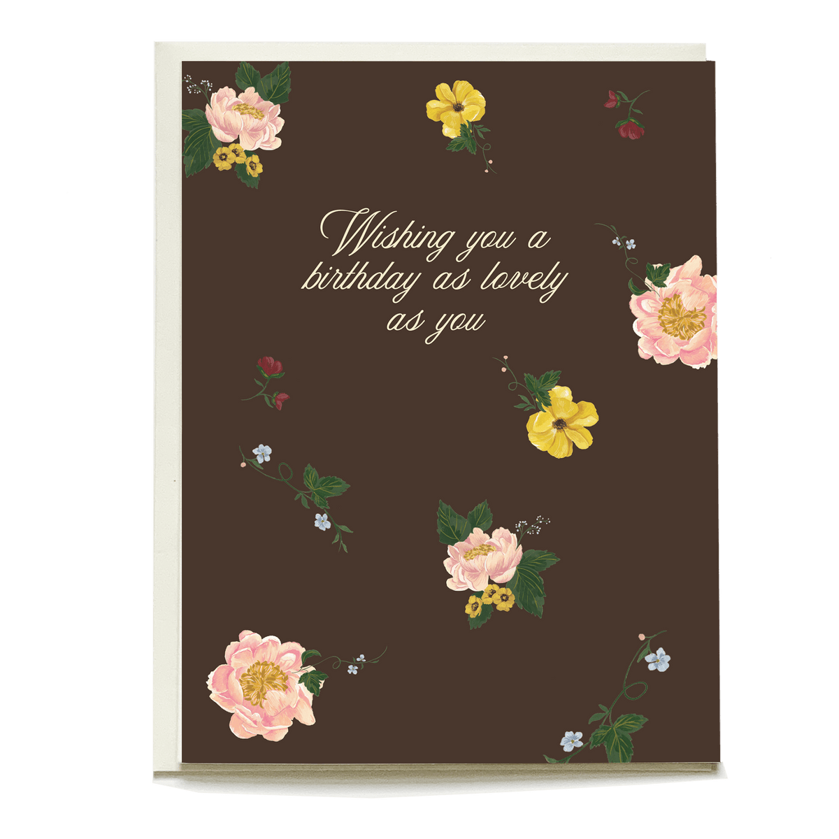 Marigold birthday card featuring floral designs on a dark brown background with the text "Wishing you a birthday as lovely...