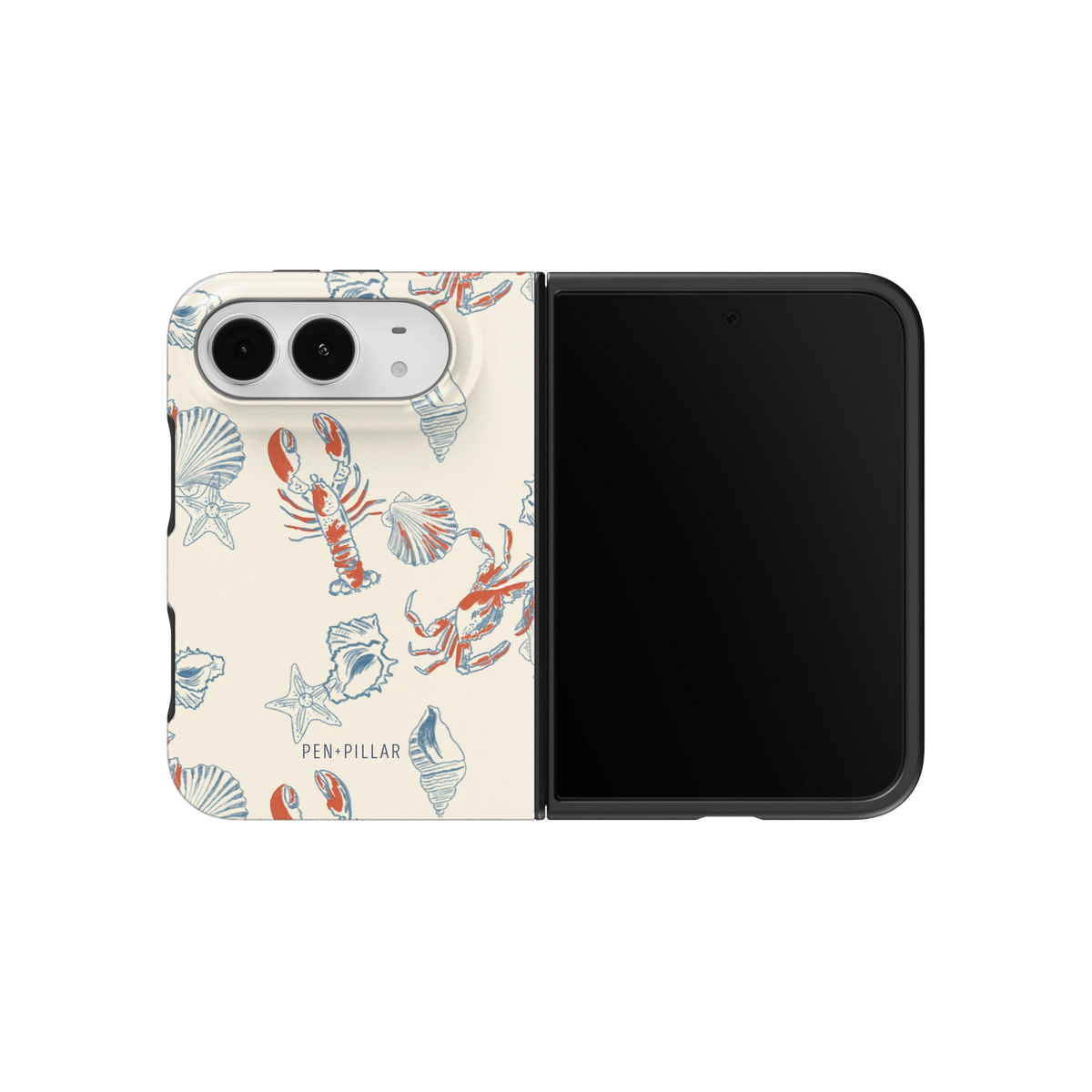 Mariner iPhone 18 Duo case on an unfolded iPhone 18 Duo, back and screen side by side: red lobsters, blue crabs and seashells on cream
