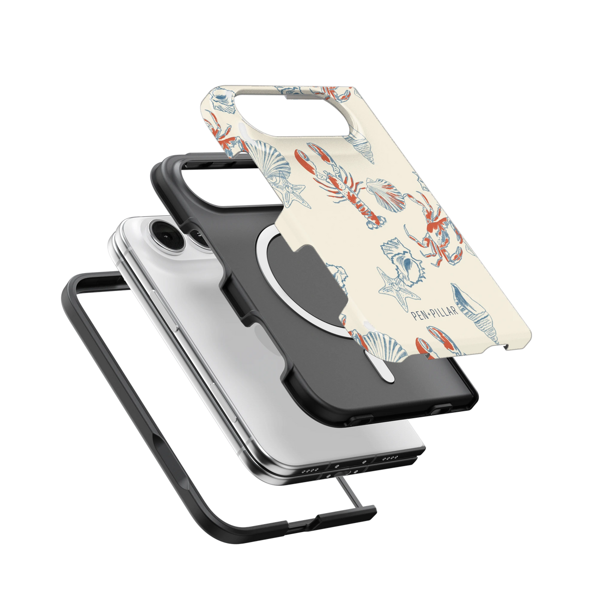 Mariner iPhone 18 Duo case, exploded view of the printed shell, black inner layer with MagSafe ring, and phone