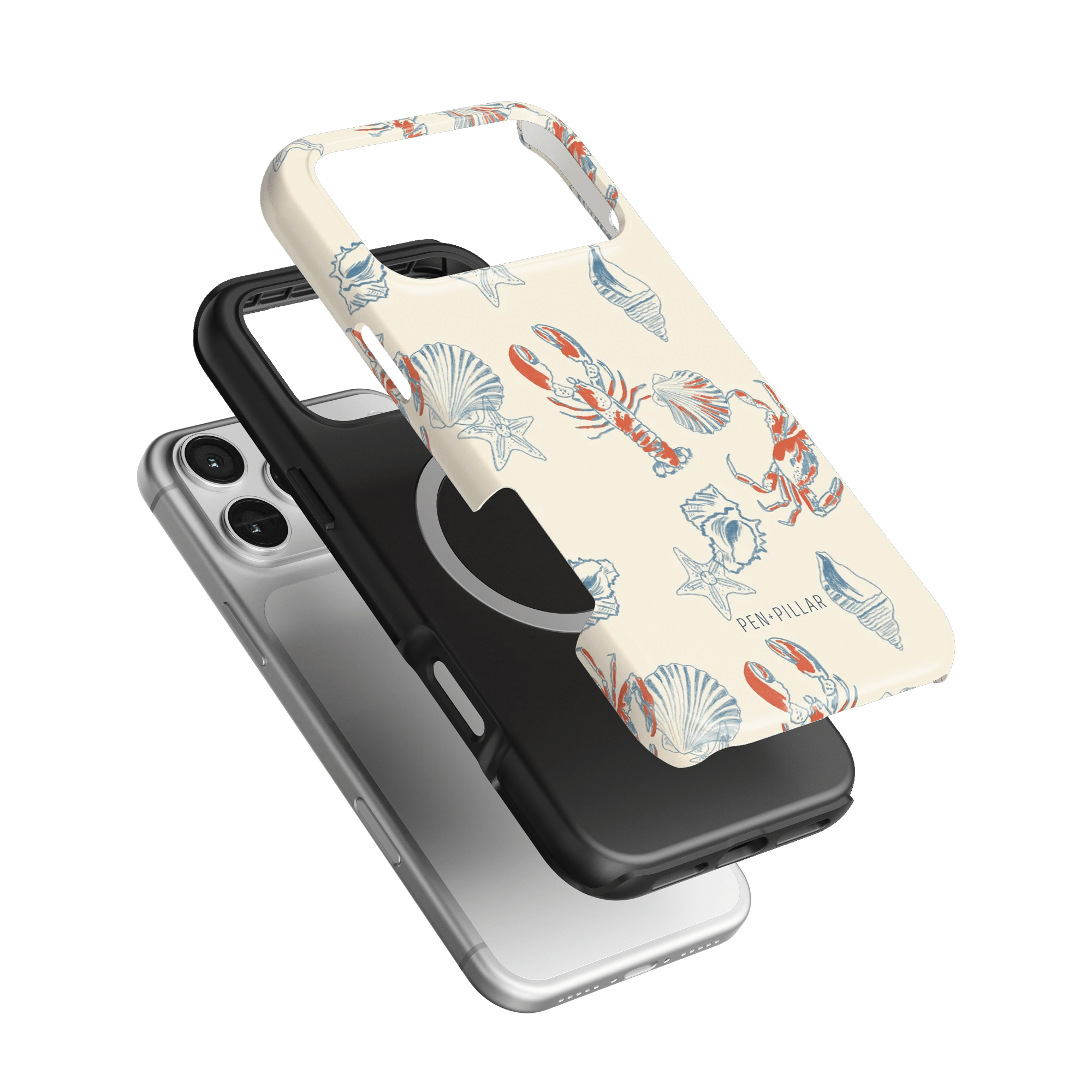 Mariner iPhone case featuring a crab and seashell design in red and blue on a cream background, layered over black and cle...