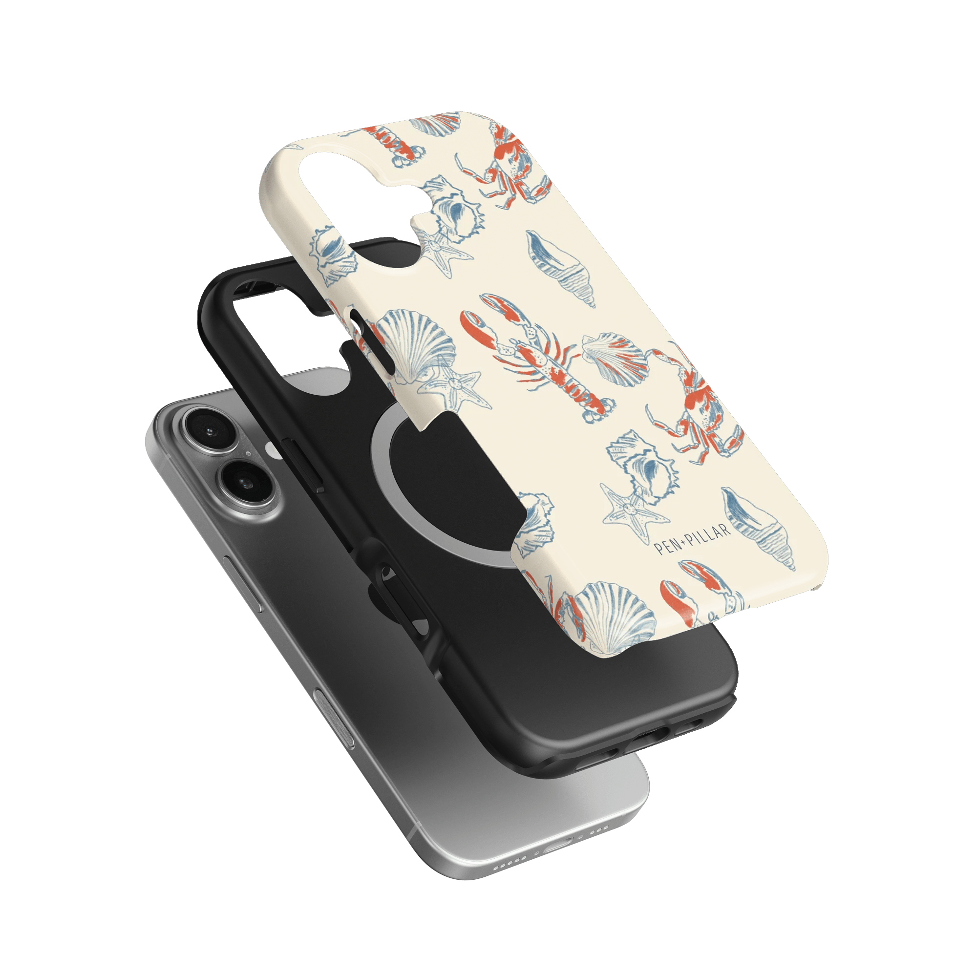 Mariner iPhone case featuring a lobster and seashell design on a cream background, with a black protective layer.