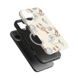 Mariner iPhone case featuring a lobster and seashell design on a cream background, with a black case underneath.