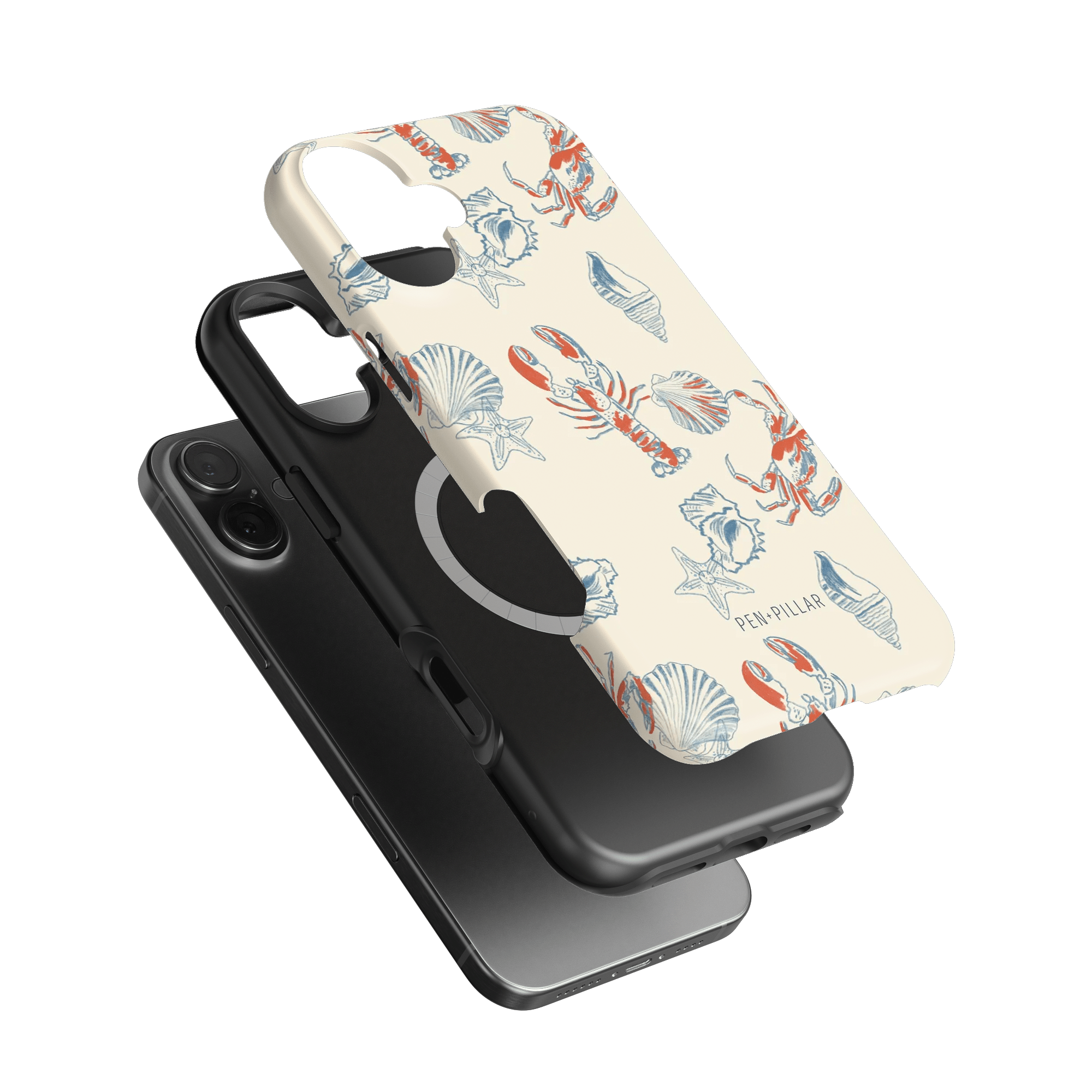 Mariner iPhone case featuring a lobster and seashell design on a cream background, with a black case underneath.