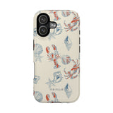 Mariner iPhone case featuring a cream background with lobster, shell, and starfish patterns in red and blue.