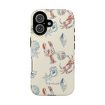 Mariner iPhone case featuring a cream background with red lobsters, blue shells, and starfish patterns.