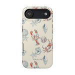 Mariner iPhone case featuring a cream background with red lobsters and blue seashell patterns.