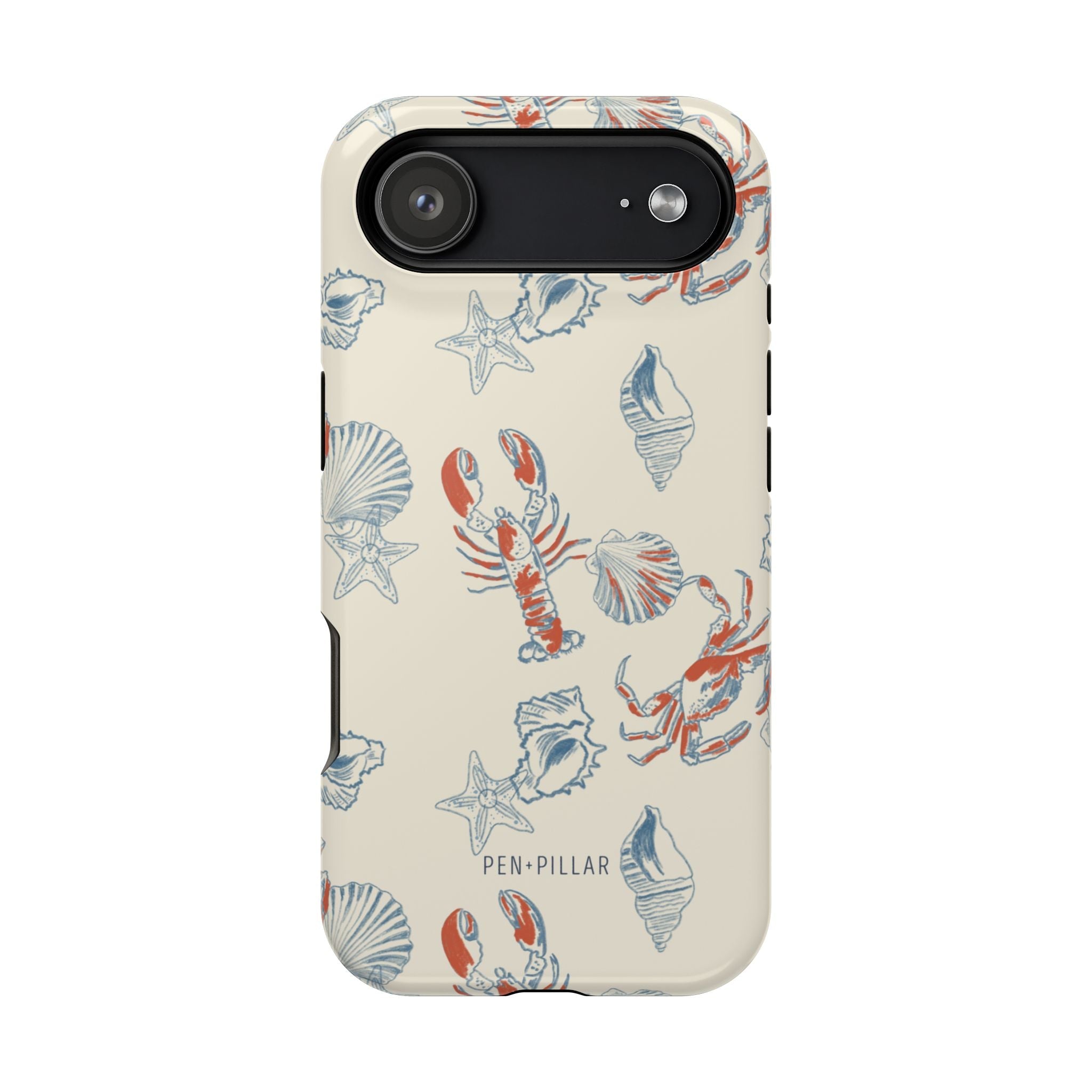 Mariner iPhone case featuring a cream background with red lobsters and blue seashell patterns.