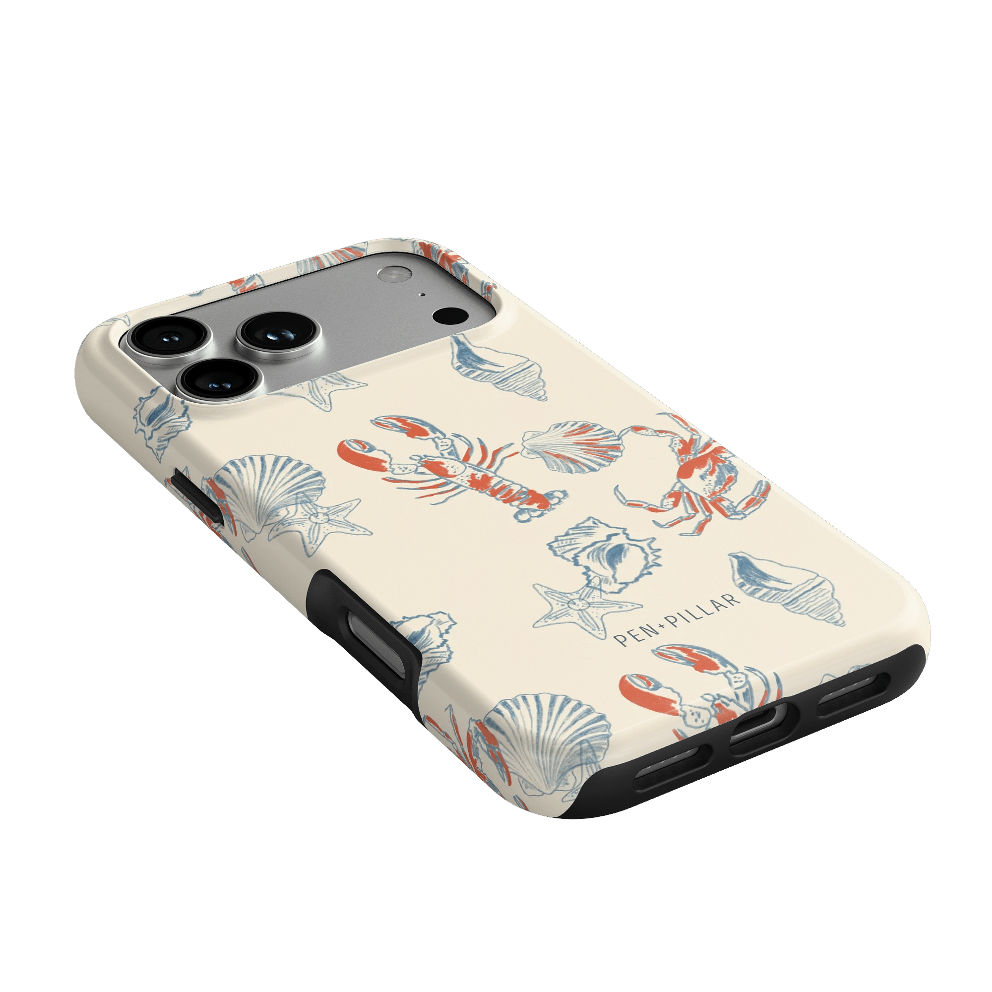 Mariner iPhone case featuring a cream background with colorful crab and shell illustrations.