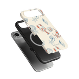 Mariner iPhone case featuring a lobster and shell design on a cream background, with a black protective layer.