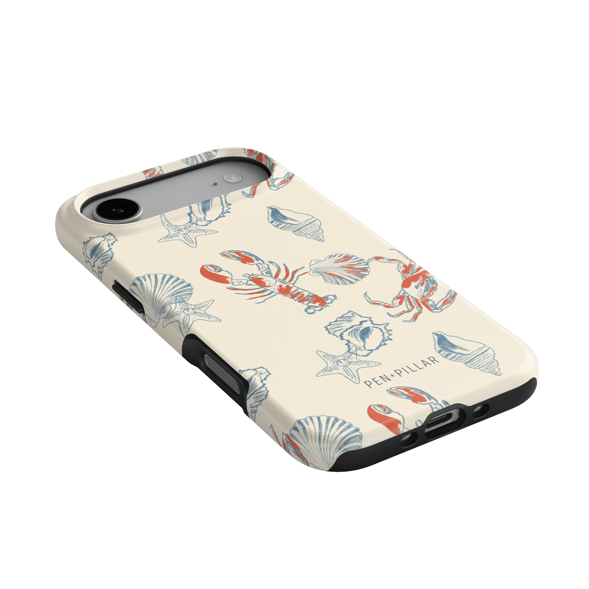 Mariner iPhone case featuring a cream background with colorful crab and shell illustrations.