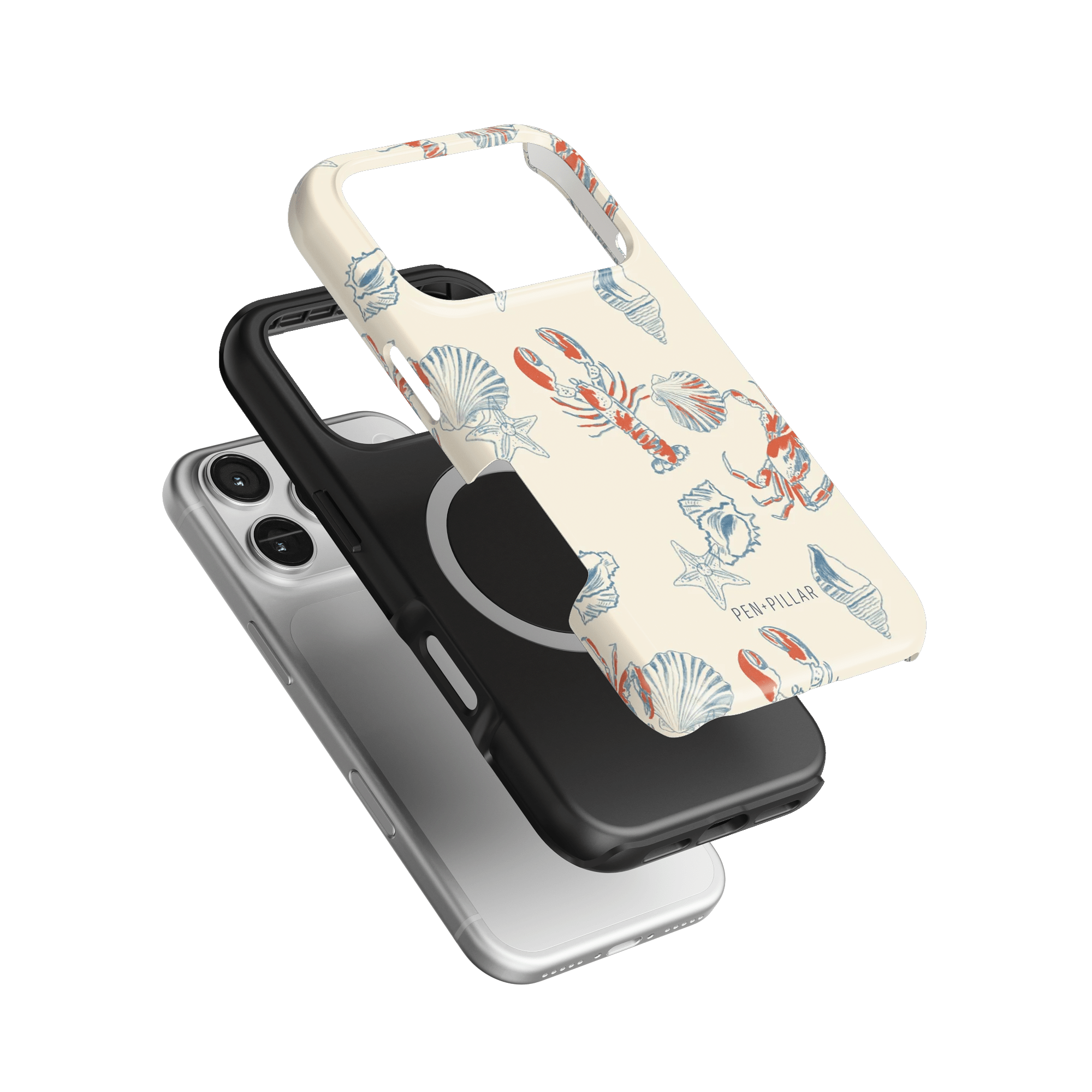 Mariner iPhone case featuring a lobster and shell design in vibrant colors, stacked on two solid black and white cases.