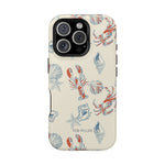Mariner iPhone case featuring a cream background with lobster, crab, and seashell designs in red and blue.