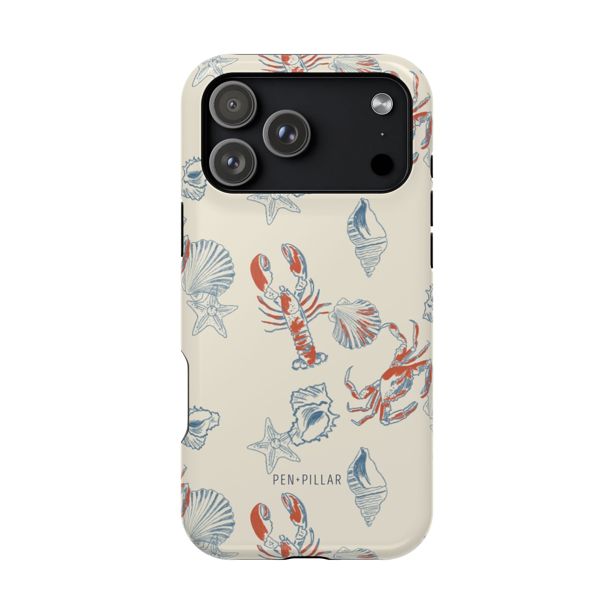 Mariner iPhone case featuring a cream background with lobster, crab, and shell illustrations in red and blue.