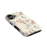 Mariner iPhone case featuring a cream background with colorful lobster and shell illustrations.