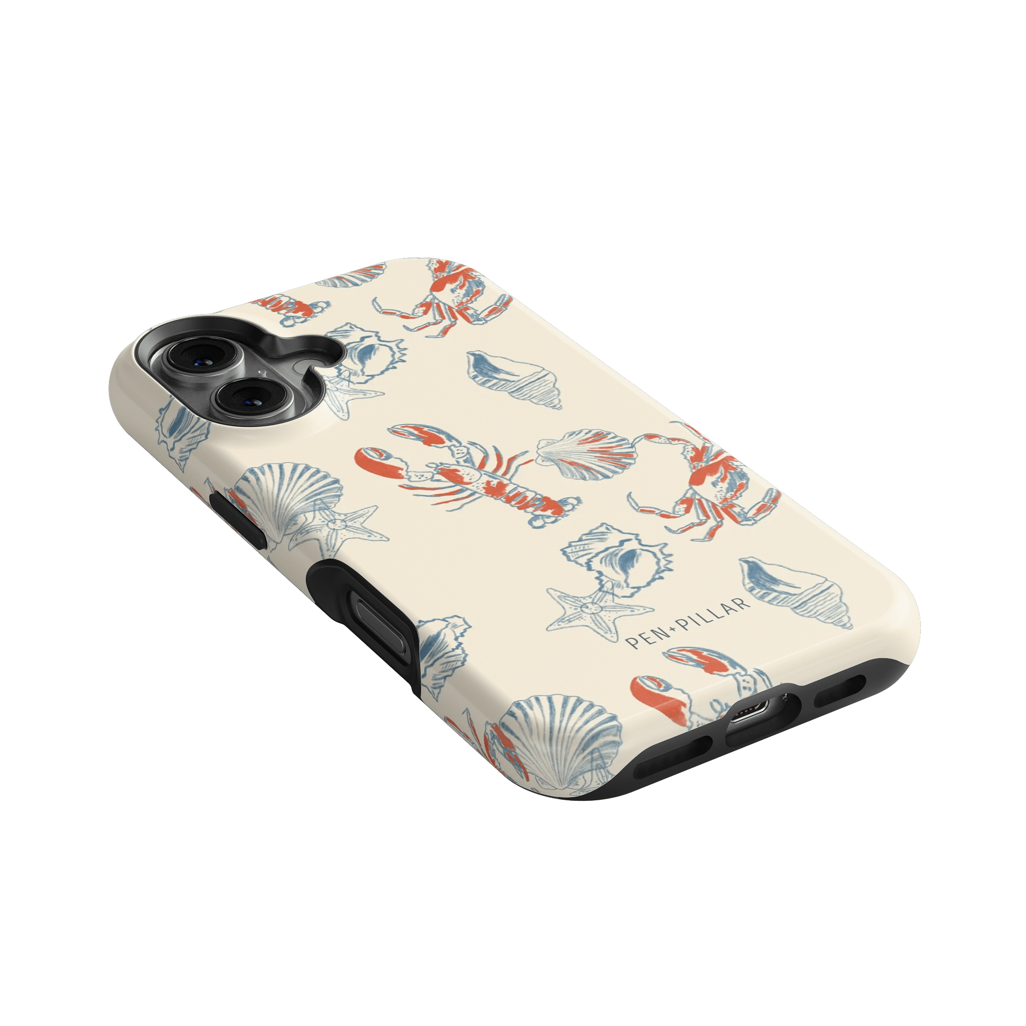 Mariner iPhone case featuring a cream background with colorful lobster and shell illustrations.