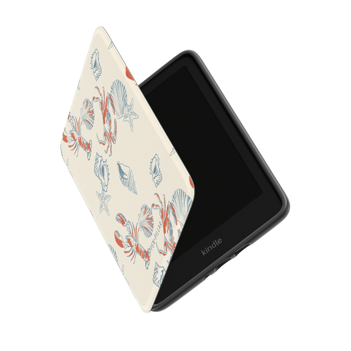 Mariner Kindle case featuring a cream background with colorful seashell and lobster designs, partially open.