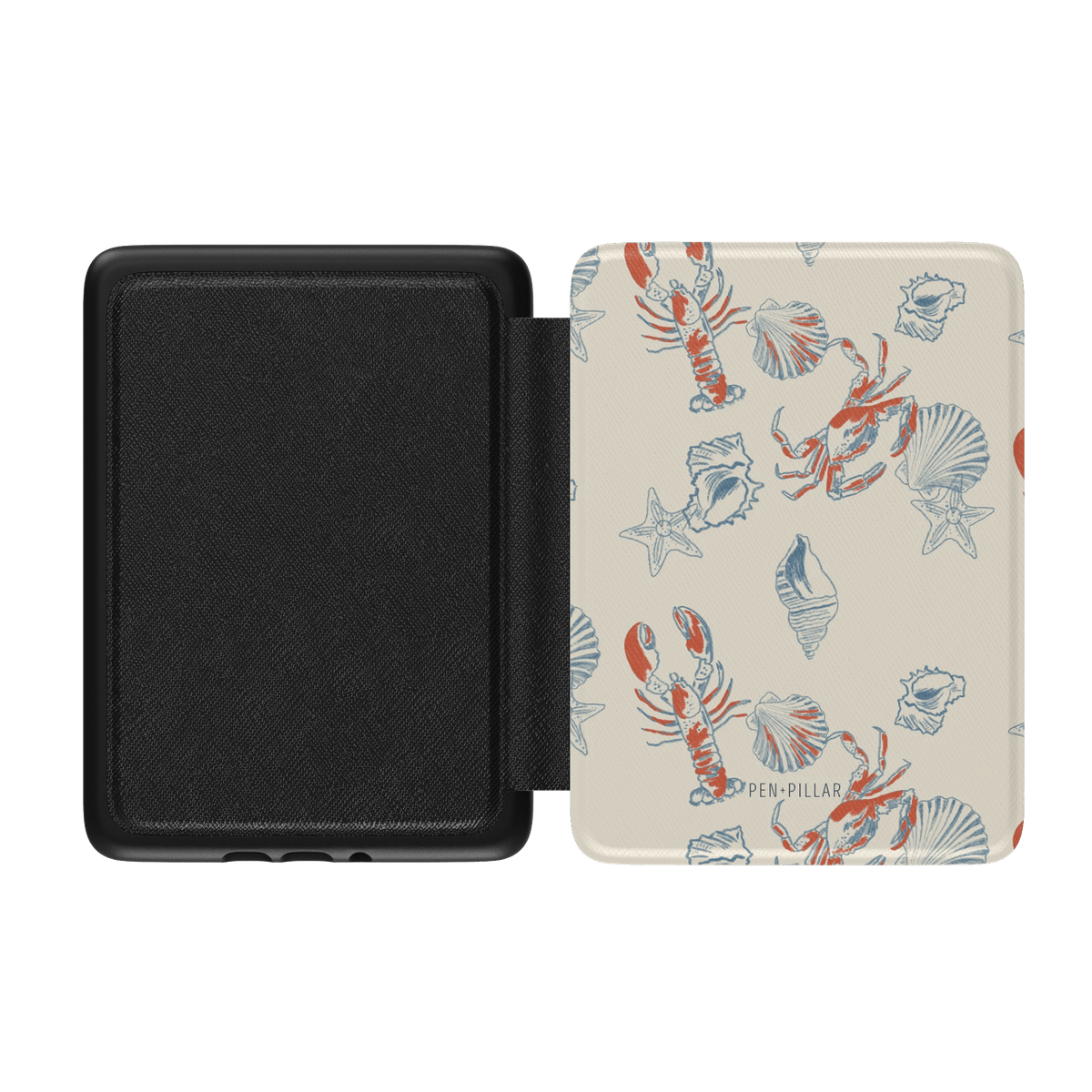 Mariner Kindle case with lobster and seashell patterns on a cream background, featuring a black interior.