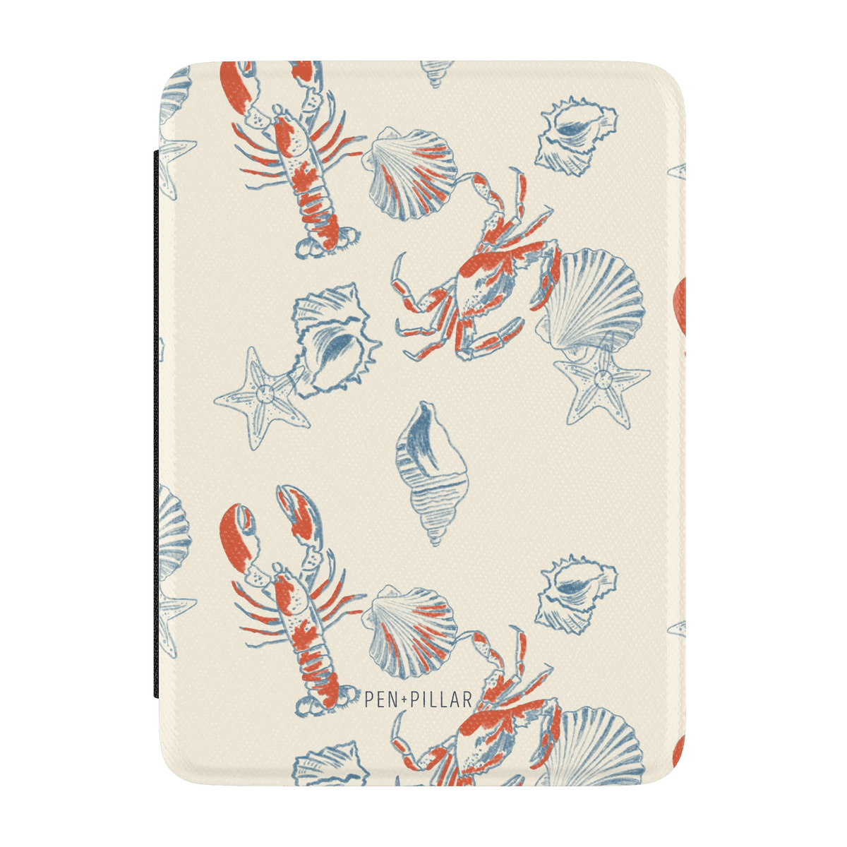 Mariner Kindle case featuring a cream background with red lobsters, blue crabs, and seashell illustrations.