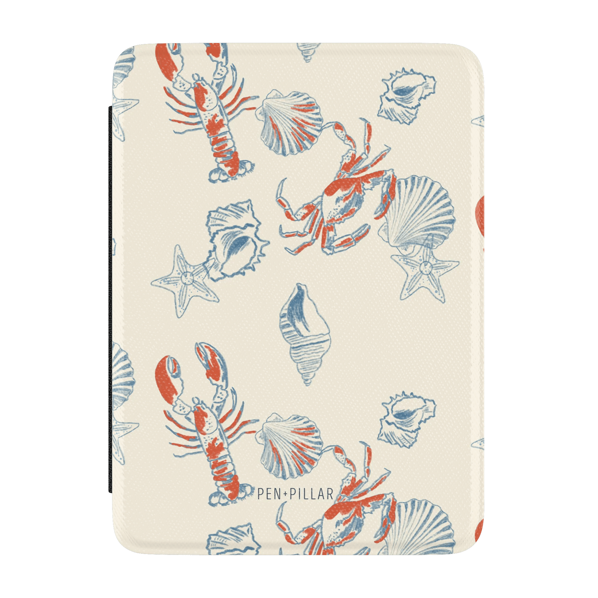 Mariner Kindle case featuring a cream background with red lobsters, blue crabs, and seashell illustrations.