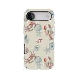 Mariner personalized iPhone case featuring a cream background with crab, lobster, and shell illustrations.
